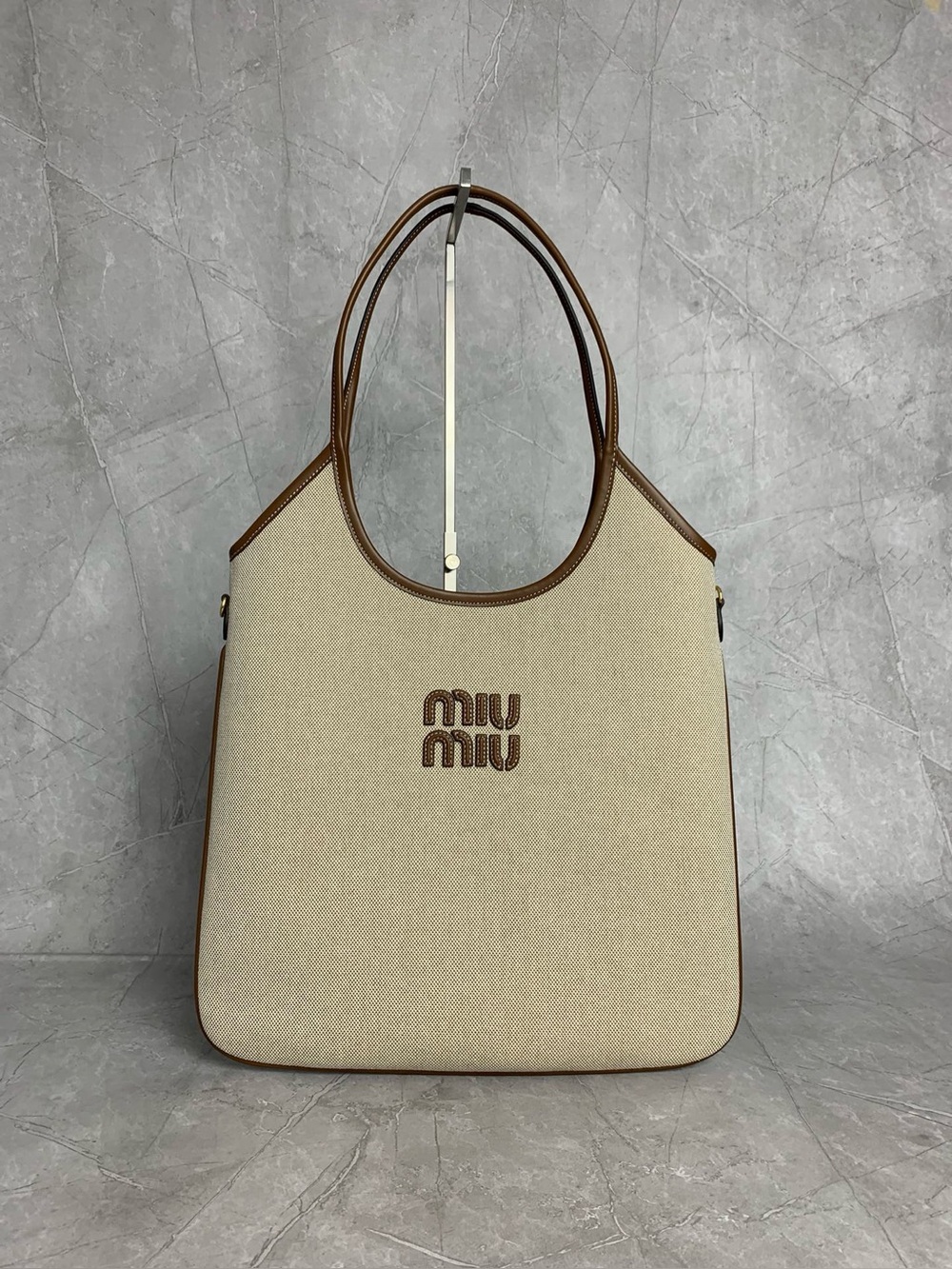Miu Miu Beige Canvas Tote with Brown Leather Trim